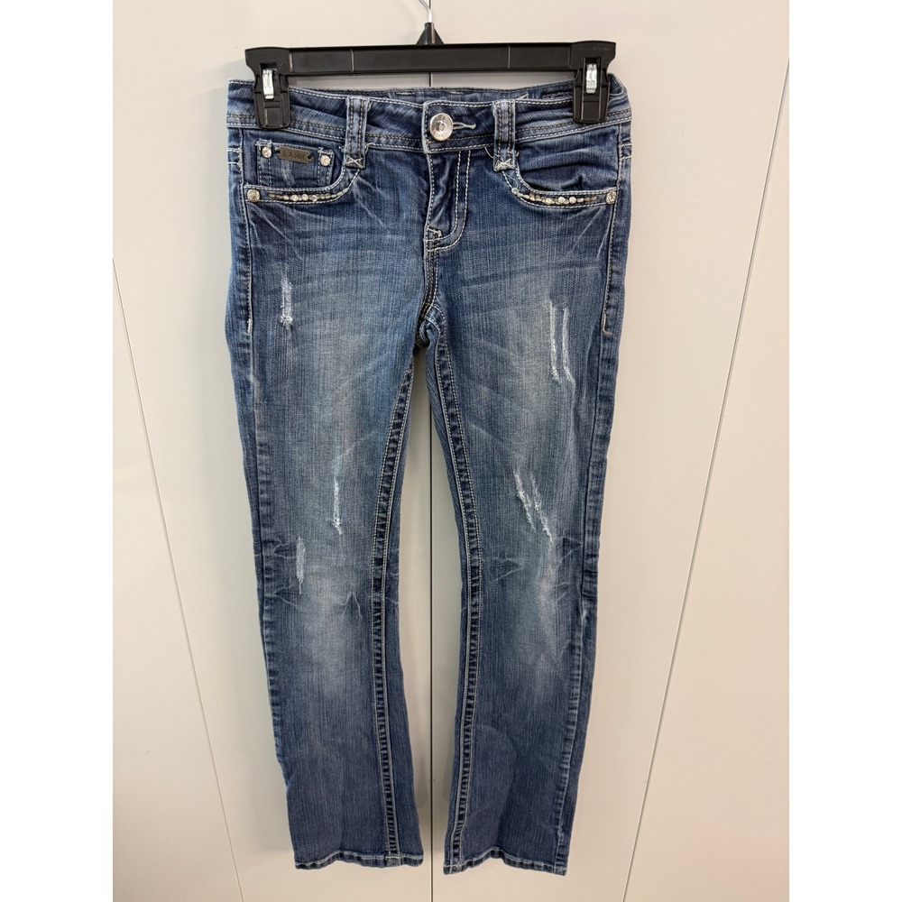 LA Idol USA Rhinestone Wing Bootcut Jeans Size 0 W26 L34 Distressed Y2K Denim